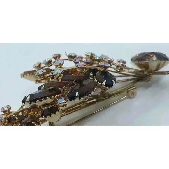 Vintage Brooch Rhinestone Leaf Spray Amber & AB Stones Estate Judy Lee - Picture 3 of 11